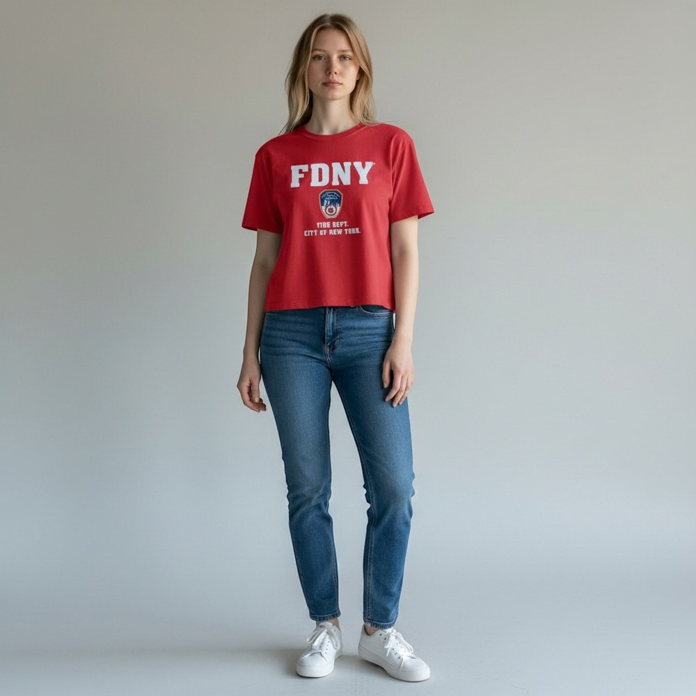Upcycled FDNY Fire Dept City of New York Graphic Red Short Sleeve Boxy Tee Large